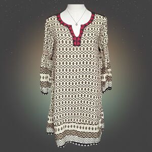 Umgee S Tunic Dress Cream Brown Boho Western Cottagecore Smocked Cotton